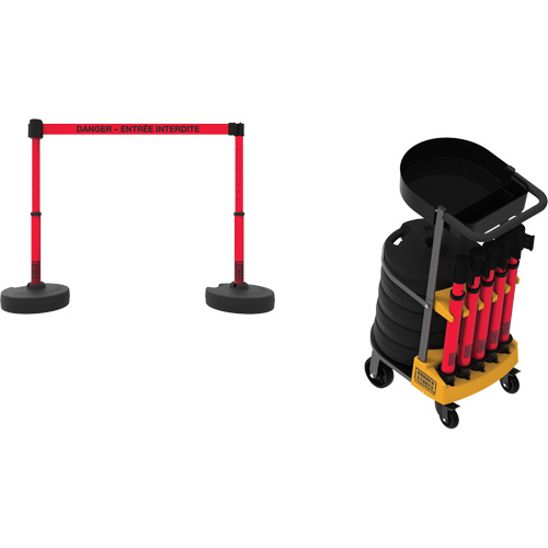 Syst&egrave;me de barri&egrave;re &agrave; chariot portatif avec plateau Plus, 75' lo, M&eacute;tal/Plastique, Rouge Industrial Sales