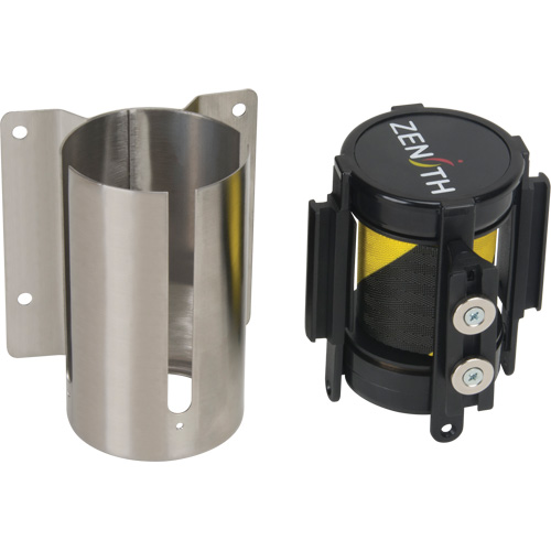 Barri&egrave;re &agrave; fixation murale avec ruban magn&eacute;tique, Acier, Fixation par vis, 7', Ruban Noir et jaune Industrial Sales