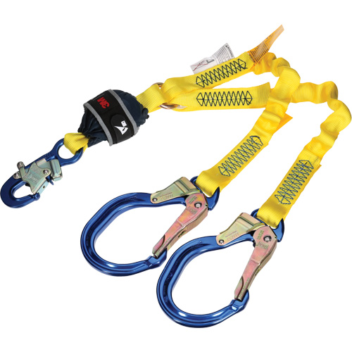 Twin-Leg Stretch Web Shock-Absorbing Lanyard, 4', Rebar Hook Center, Snap Hook Leg Ends Industrial Sales