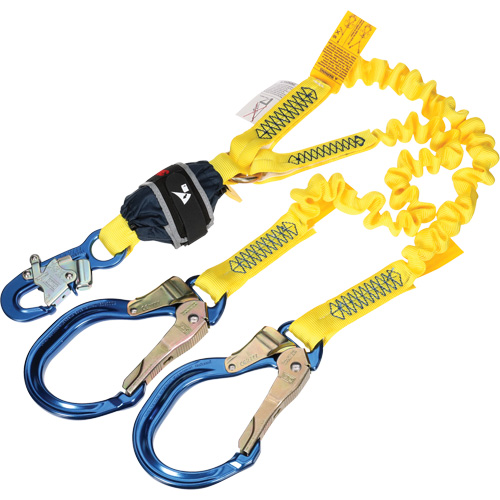 Twin-Leg Stretch Web Shock-Absorbing Lanyard, 6', Rebar Hook Center, Snap Hook Leg Ends Industrial Sales