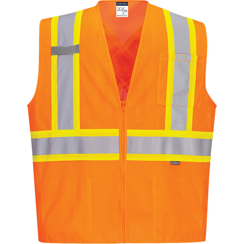 Contrast-Striped Safety Vest, High Visibility Orange, Small, Polyester Industrial Sales