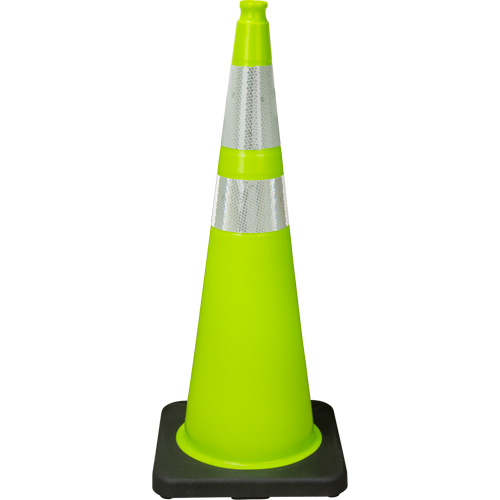 C&ocirc;ne de signalisation de premi&egrave;re qualit&eacute;, 36", Vert lime, Bande(s) r&eacute;fl&eacute;chissante(s) 4" & 6" Industrial Sales