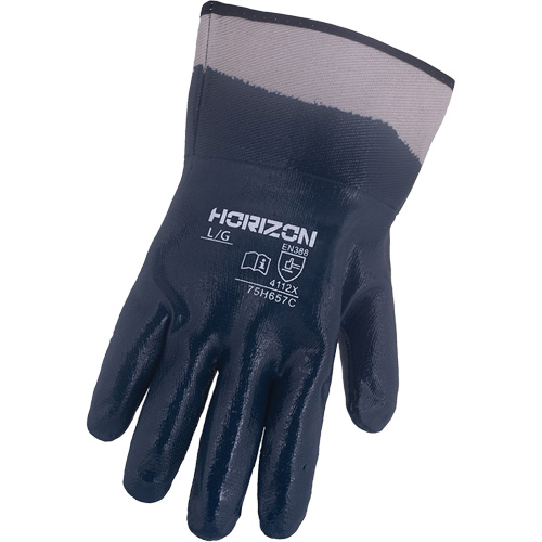 Horizon&reg; Navy Gloves with Pasted Cuffs, Large, Nitrile Coating, Jersey/Cotton Shell Industrial Sales