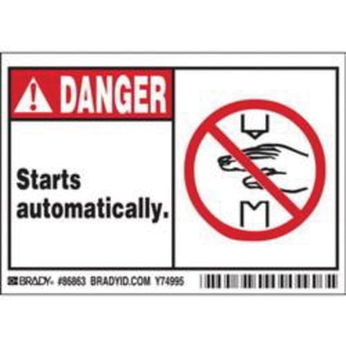 "Danger Starts Automatically" Sign, 3-1/2" x 5", Polyester, English with Pictogram Industrial Sales