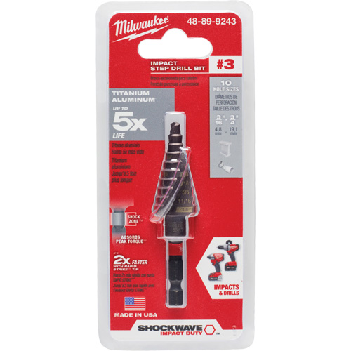 #3 Shockwave Impact Duty Step Drill Bit, 3/16" - 3/4" , 1/16" Increments, Titanium Industrial Sales