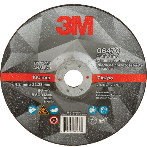 Cut & Grind Wheel, 7" x 1/8", 7/8" Arbor, Type 27, Ceramic Industrial Sales