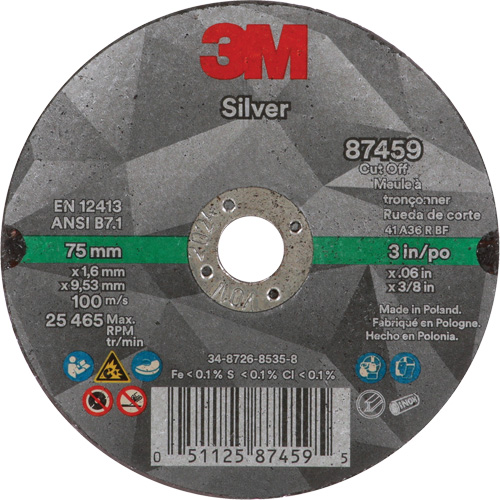 Meule &agrave; tronçonner Silver, 3" x 0,06", Arbre de 3/8"-24, Type 1, C&eacute;ramique, 25645 Tr/min Industrial Sales