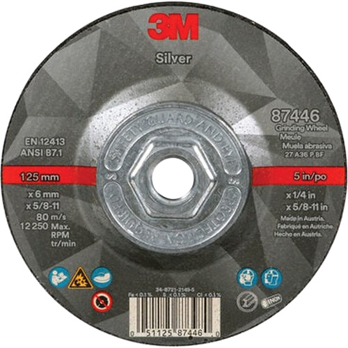 Meule argent&eacute;e &agrave; moyeu d&eacute;port&eacute; &agrave; changement rapide 87446, 5" x 1/4", Arbre de 5/8"-11, Type 27, C&eacute;ramique Industrial Sales