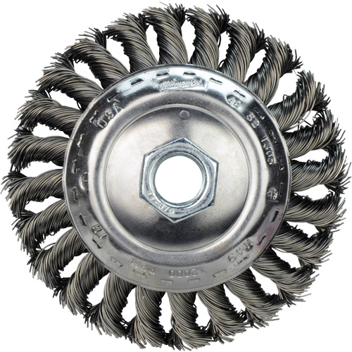 Disque m&eacute;tallique &agrave; fils torsad&eacute;s, Dia. 4", Fils 0,02", Arbre 5/8"-11, Acier au carbone Industrial Sales