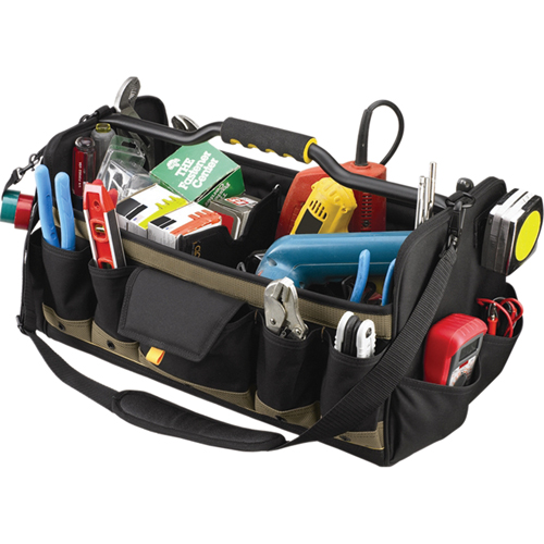 Sacs &agrave; outils souples &agrave; dessus ouvert de 20", Polyester, 27 pochettes, Noir Industrial Sales