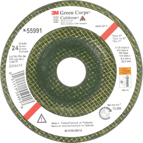 Green Corps Depressed Centre Wheel, 4-1/2" x 1/4", 7/8" Arbor, Ceramic, Type 27 Industrial Sales