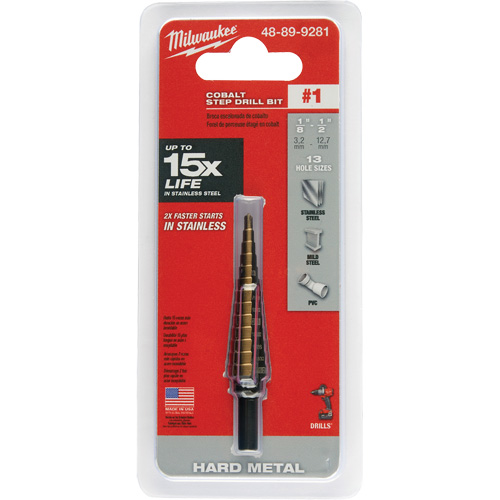 Step Drill Bit, 1/8"/#1 - 1/2"/#1 , 1/32" Increments, High Speed Cobalt Industrial Sales