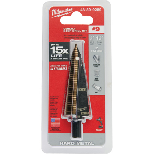 Step Drill Bit, 7/8"/#9 - 1-1/8"/#9 , 1/32" Increments, High Speed Cobalt Industrial Sales