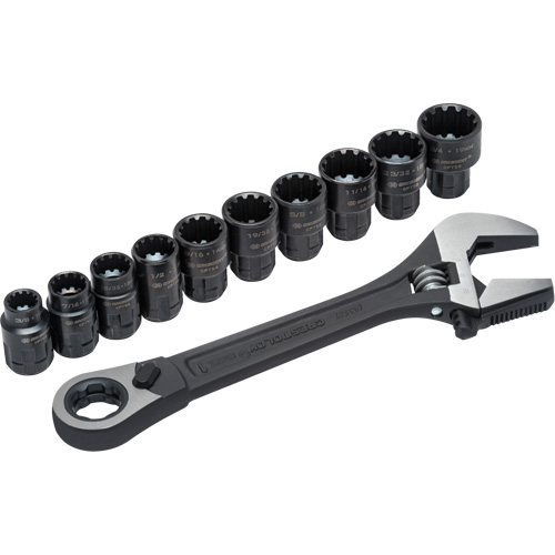 11-Piece Pass-Thru X6 Adjustable Wrench & Spline Socket Set, 13" L, 2-27/50" Max Width, Black Phosphate Industrial Sales
