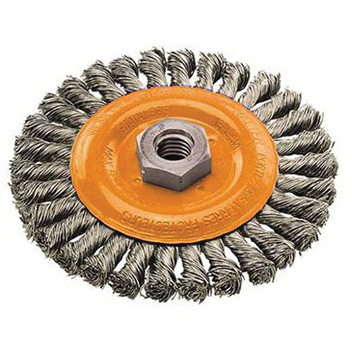 Brosse rotative &agrave; fils nou&eacute;s large, Dia. 4", Fils 0,02", Arbre 5/8"-11, Acier Industrial Sales
