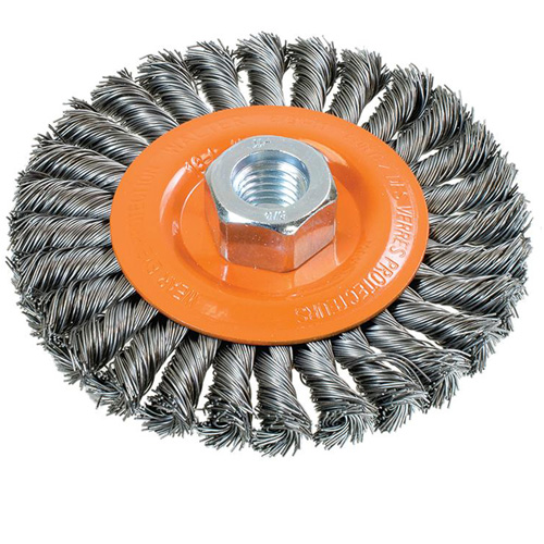 Brosse rotative &agrave; fils nou&eacute;s large, Dia. 4-1/2", Fils 0,02", Arbre 5/8"-11, Acier Industrial Sales