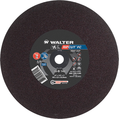 Ripcut Stainless Steel & Steel Cut-Off Wheel for Stationary Saws, 14" x 1/8", 1" Arbor, Type 1, Aluminum Oxide, 4400 RPM Industrial Sales