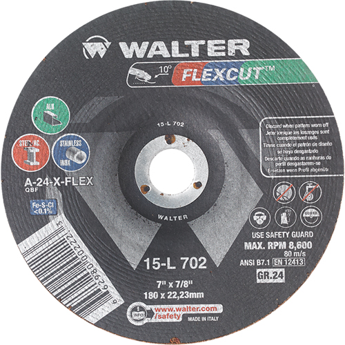 Meules &agrave; moyeu d&eacute;port&eacute; Flexcut, 7", 24 Grain, Oxyde d'aluminium, 7/8", 8600 Tr/min, Type 29 Industrial Sales
