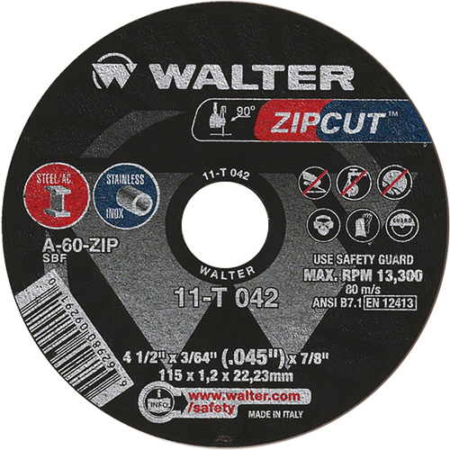 Zipcut Cut-Off Wheel, 4-1/2" x 3/64", 7/8" Arbor, Type 1, Aluminum Oxide, 13300 RPM Industrial Sales