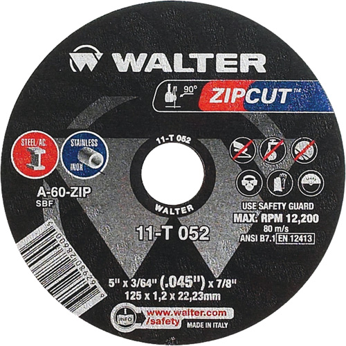 Meule &agrave; tronçonner Zipcut, 5" x 3/64", Arbre de 7/8", Type 1, Oxyde d'aluminium, 12 200 Tr/min Industrial Sales