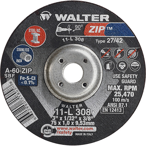 Disque de meulage et de tronçonnage Zip, 3" x 1/13", Arbre de 3/8", Type 27, Grain de 60, Oxyde d'aluminium Industrial Sales