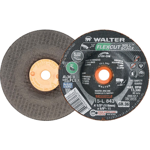 Meule FLEXCUT MILL SCALE, 4-1/2", 36 Grain, Oxyde d'aluminium, 5/8"-11, 13 300 Tr/min, Type 29 Industrial Sales