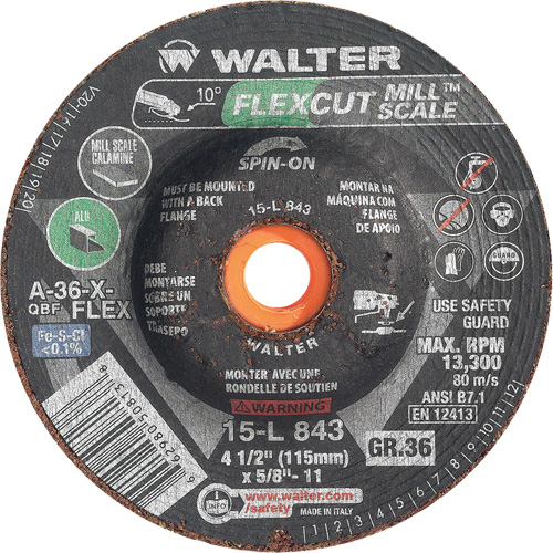 Meule FLEXCUT MILL SCALE, 4-1/2", 36 Grain, Oxyde d'aluminium, 5/8"-11, 13 300 Tr/min, Type 29 Industrial Sales