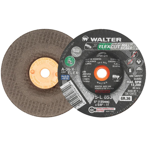 FLEXCUT MILL SCALE Grinding Wheel, 5", 36 Grit, Aluminum Oxide, 5/8"-11, 12200 RPM, Type 29 Industrial Sales