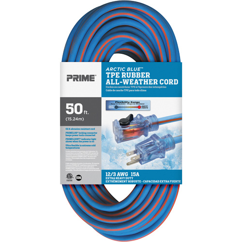 Cordon rallonge verrouillable toute saison en caoutchouc TPE Arctic Blue, Toutes saisons, SJEOW, AWG 12/3, 15 A, 50' Industrial Sales
