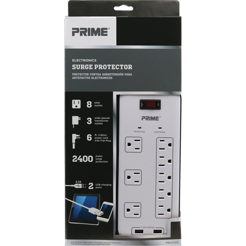 USB Charging Surge Protectors, 8 Outlets, 2400 J, 1875 W, 6' Cord Industrial Sales