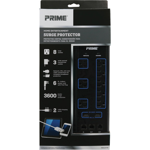 USB Charging Surge Protectors, 8 Outlets, 3600 J, 1875 W, 6' Cord Industrial Sales