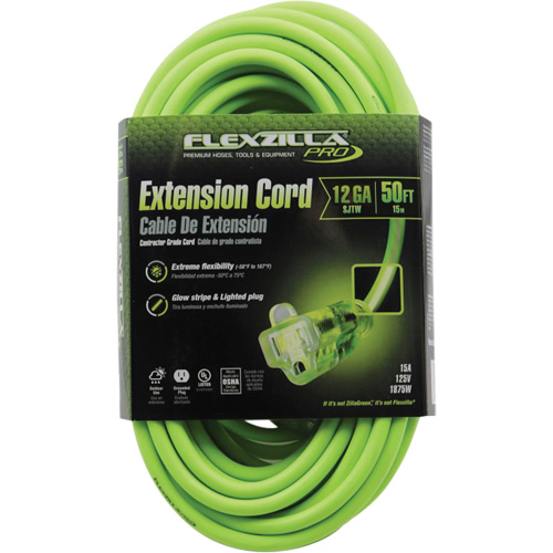 Flexzilla&reg; Pro Industrial Extension Cord, All-Weather, SJTW, 12/3 AWG, 15 A, 50' Industrial Sales