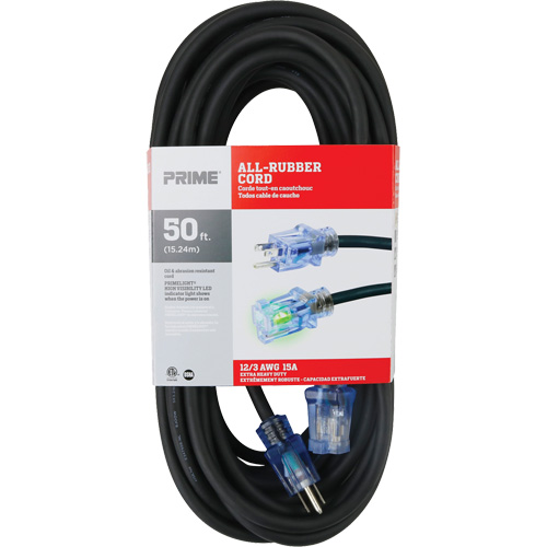 All-Rubber Extension Cord, Outdoor, SJOOW, 12/3 AWG, 15 A, 50' Industrial Sales