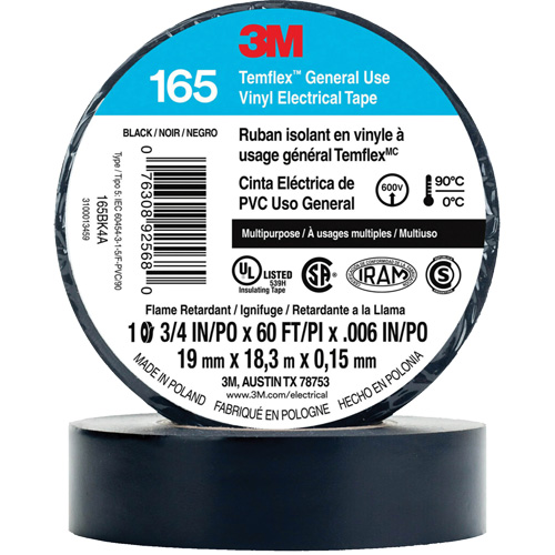 Ruban isolant en vinyle &agrave; usage g&eacute;n&eacute;ral Temflex 165, 19 mm (3/4") x 18 m (60'), Noir, 6 mils Industrial Sales