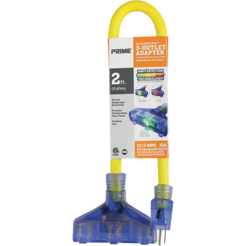 Adapter with Visual Amperage Detection, Outdoor, 12/3 AWG, 15 A, 3 Outlet(s), 2' Industrial Sales