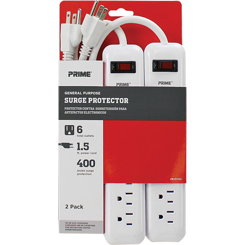 Surge Protector 2-Pack, 6 Outlets, 400 J, 1875 W, 1.5' Cord Industrial Sales
