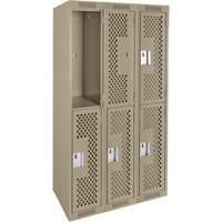 Clean Line Lockers, 2 -tier, Bank of 3, 36" x 15" x 72", Steel, Beige, Rivet (Assembled), Perforated Industrial Sales