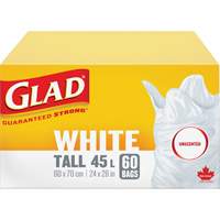 Tall 45L Unscented Garbage Bags, Regular, 24" W x 28" L, White Industrial Sales