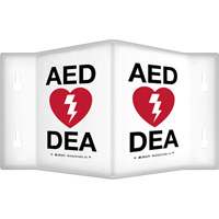Enseigne &agrave; projection sur 90°  AED/ DEA , 6" x 5", Plastique, Bilingue avec pictogramme Industrial Sales